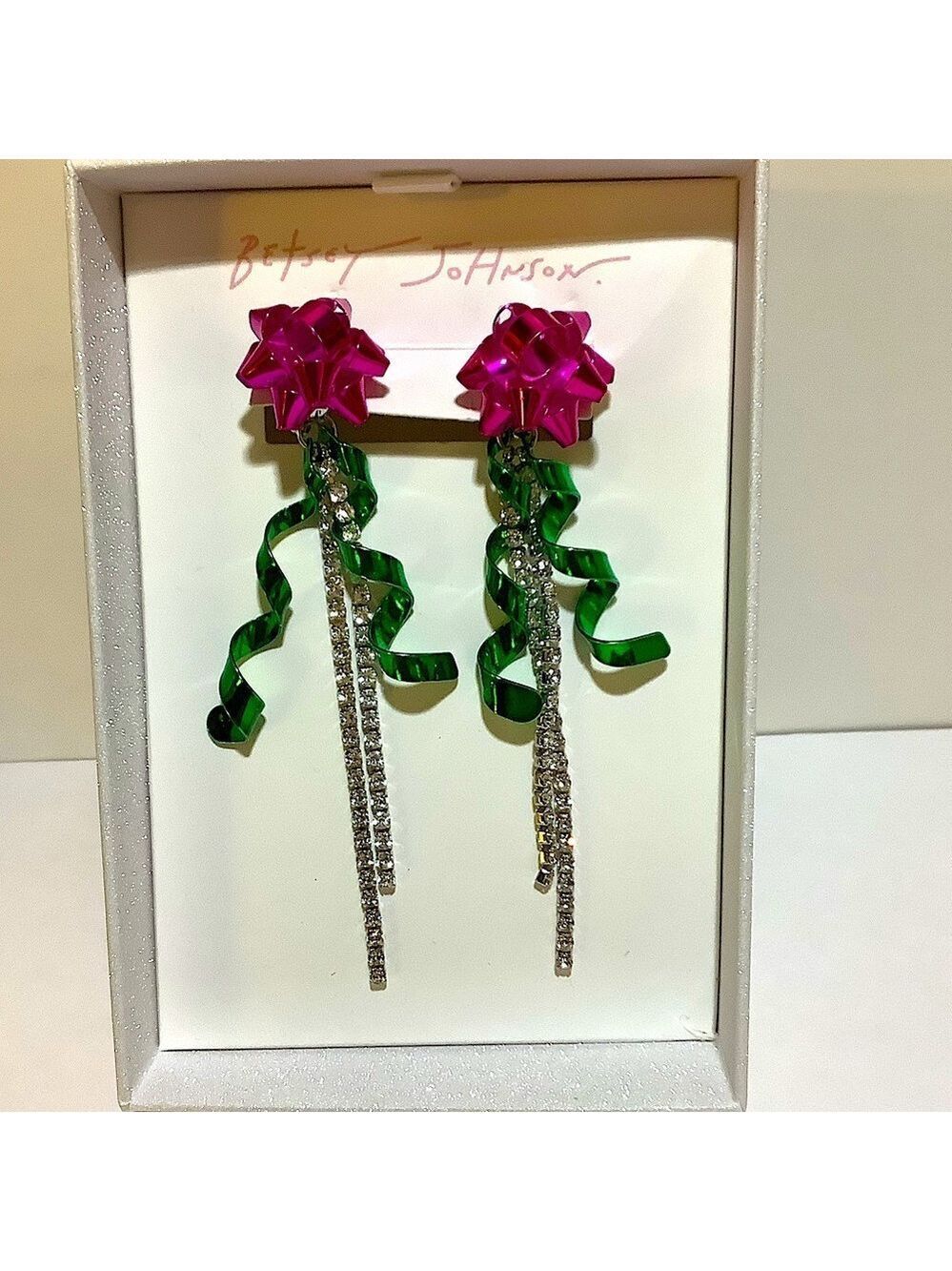 Betsey Johnson Holiday 2 In 1 Pink Bow Crystal Fringe Earrings New